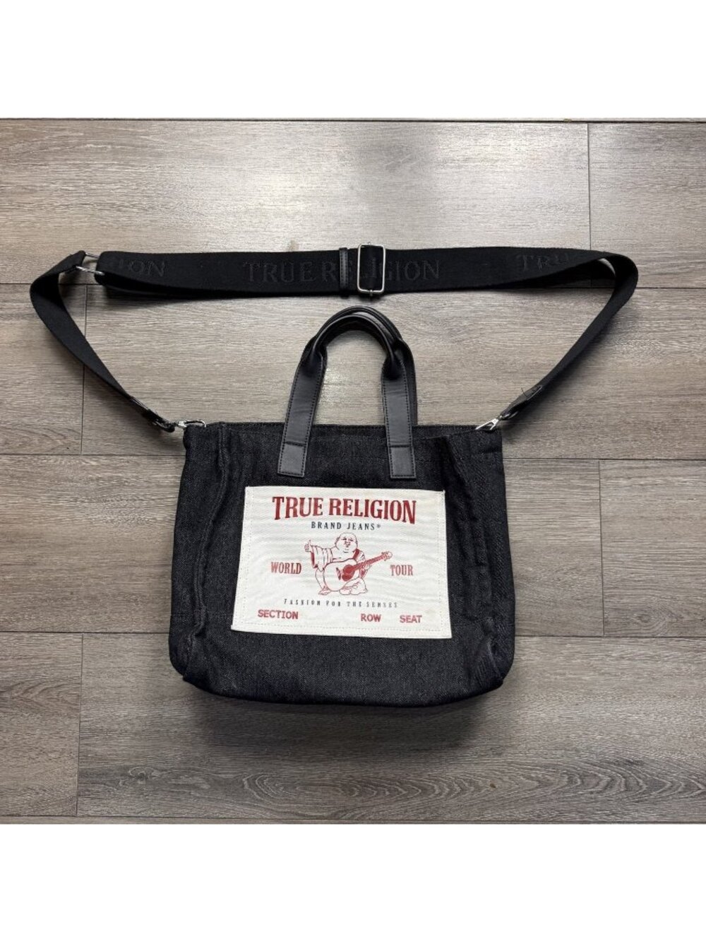 True Religion World Tour Buddha Denim Canvas Tote Crossbody Bag Handbag Black